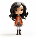 Cartoonish Female Doll Figurine In Brown Jacket With Black Hair