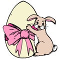 Cute colorful Easter bunny hug large egg with pink ribbon and bow