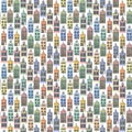 Cute, colorful, European houses. Watercolor illustration. Seamless pattern on a white background. For fabric, textiles