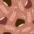 Cute abstract colorful fall autumn season seamless vector pattern background illustration with chestnuts, leaves and branches