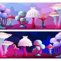 Cute Colorful Fantasy Magic Mushrooms Border Landscape Set. Fungus and Unrealistic Uneartly Alien Botany with Luminous Royalty Free Stock Photo
