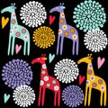 Cute colorful giraffe seamless pattern with flowers, illustration background