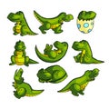 Cute colorful green dino character in different poses