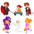 Cute colorful Halloween kids in costume for party set vector illustration Royalty Free Stock Photo