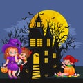 Cute colorful Halloween kids in costume for party set vector illustration Royalty Free Stock Photo