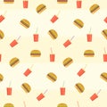 Cute colorful hamburgers, burgers and red plastic drink caps seamless pattern