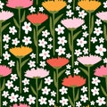 cute colorful hand drawn flowers and white daisy flowers seamless vector pattern illustration on dark green background Royalty Free Stock Photo