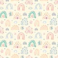 Cute colorful hand drawn rainbow, heart and natural elements seamless pattern background. Royalty Free Stock Photo