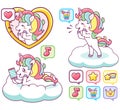 Cute, colorful, happy unicorns sending messages, listening to music