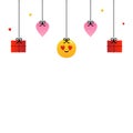 Cute and colorful hearts, emoji, gifts symbols hanging on ropes. Vector illustration, banner, header for Valentines Day design