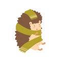 Cute colorful hedgehog wrapping in warm cozy scarf vector flat illustration. Adorable forest animal warming sitting