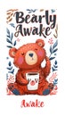 cute colorful illustration of A sleepy brown bear cub holding a cup of coffee, banner, vertical Royalty Free Stock Photo