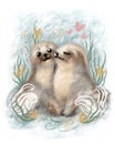 Cute colorful illustrations in retro style. Beautiful cute seals.