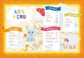 Cute colorful kids meal menu. Placemat vector template with cartoon little animals, flowers and tree. Funny rabbit Royalty Free Stock Photo