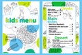 Cute colorful kids meal menu vector template with funny cartoon kitchen boy. Different types of dishes on a hand drawn Royalty Free Stock Photo