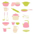Cute colorful kitchen utensil set. Crockery polka dot pink, green set Royalty Free Stock Photo