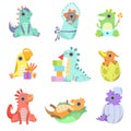 Cute Colorful Little Dinos Set, Adorable Baby Dinosaurs Characters Vector Illustration