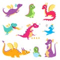 Cute Colorful Little Dragons Set, Funny Baby Dinosaurs, Fairy Tale Characters Cartoon Style Vector Illustration Royalty Free Stock Photo