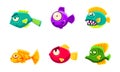 Cute Colorful Little Glossy Fishes Set, Funny Big Eyed Fishes Cartoon Characters Vector Illustration