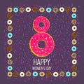 Cute color 8 March greeting card with flat donuts