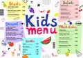 Cute colorful meal kids menu template with cute monsters, fruits, geometric elements. Royalty Free Stock Photo