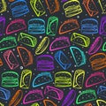 Cute colorful outline fast food on black pattern