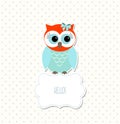 Cute colorful owl sitting on white sign with text Hello, illustration