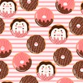 Cute colorful penguin donuts seamless striped pattern for kids in cartoon style on pink background, tasty bakery