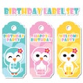 Cute colorful penguin girls on love background cartoon illustration for Birthday label set design