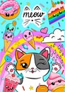 cute colorful postcard template with cat and kawaii sweets. card or birthday invitation vector