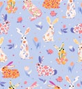 Cute colorful rabbits with flower seamless vector pattern with on blue background. Perfect for branding, package, fabric and