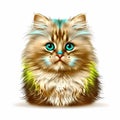 Cute Colorful Ragdoll cat head portrait realistic green blue white. Royalty Free Stock Photo