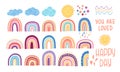 Cute colorful rainbows set. Childish flat vector illustrations collection. Weather forecast, meteorology. Rainy clouds