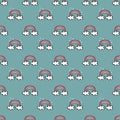 Cute colorful rows of hand drawn little rainbows with white clouds pattern on teal Royalty Free Stock Photo