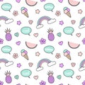 Cute colorful seamless pattern background illustration with pineapples, rainbow, speech bubble, ice cream, stars, hearts, s Royalty Free Stock Photo