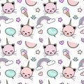 Cute colorful seamless pattern background illustration with unicorn cats, rainbow, speech bubble, ice cream, stars, hearts Royalty Free Stock Photo