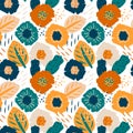 Cute colorful seamless pattern with flowers and leafs, tropical theme