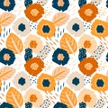 Cute colorful seamless pattern with flowers and leafs, tropical theme