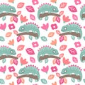 Cute colorful seamless vector pattern background illustration with chameleons, leaves and flowers Royalty Free Stock Photo