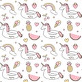 Cute colorful seamless vector pattern background illustration with float unicorn, rainbow, ice cream, pineapple, cherry, strawberr Royalty Free Stock Photo