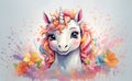 Cute colorful smiling baby unicorn head with fantasy flowers and watercolor splashes, modern design with hand drawing effect Royalty Free Stock Photo