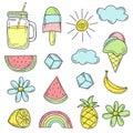 Cute colorful summer icons. Hand drawn set of summer elements for design Royalty Free Stock Photo