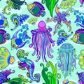 Sea Life Tattoo Style Cute Animals Seamless Pattern Vector Textile Design Royalty Free Stock Photo