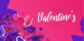 Cute colorful trendy valentine`s day horizontal banner background with rose flower, gift box and wine glass eps10 vector illustrat