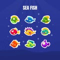 Cute Colorful Tropical Fishes Collection, Exotic Underwater Creatures Childish Stickers Vector Illustration Royalty Free Stock Photo