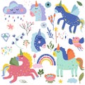 Cute colorful Unicorn with rainbow the tail, bird, cloud, flowers and head horse in cartoon style. Magical horses in Royalty Free Stock Photo