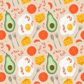 Cute and colorful vector seamless hand drawn pattern with avocado, fried egg with bacon, cheese, tomato, spoon and fork. Can be