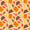 Cute and colorful vector seamless hand drawn pattern with chocolate, honey, Belgian waffle, strawberry, cheesecake. Can be used