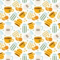 Cute and colorful vector seamless hand drawn pattern with glass of squeezed orange juice, smoothie, coffee, tea and milk. Can be