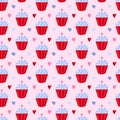 Cute and colorful vector seamless hand drawn pattern with sweet cupcake and hearts.